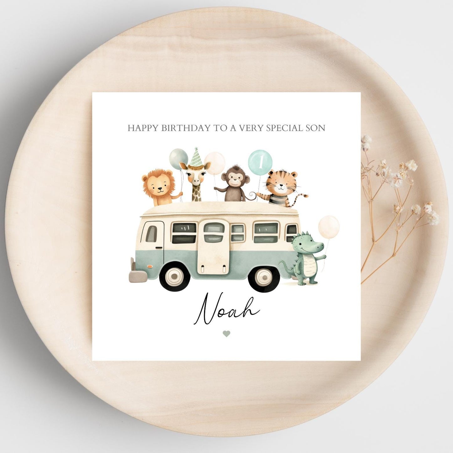 Personalised First Birthday Card Safari Animals Bus | 1st birthday Animals card | Birthday Card for Boy |1st Birthday Card for Son, Any Age