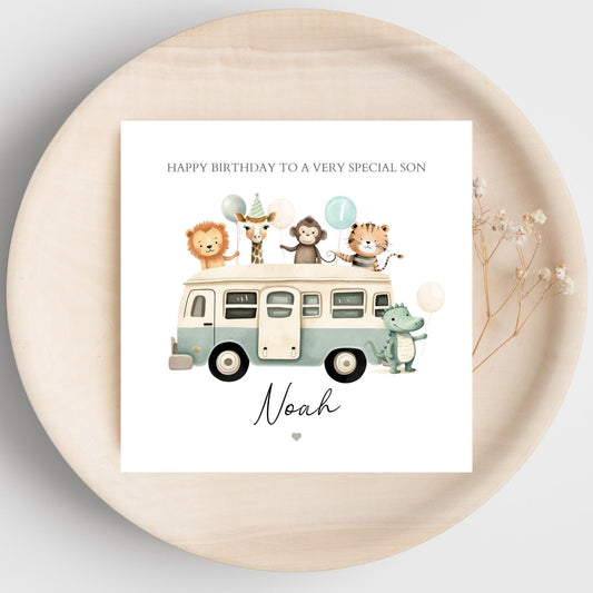 Personalised First Birthday Card Safari Animals Bus | 1st birthday Animals card | Birthday Card for Boy |1st Birthday Card for Son, Any Age