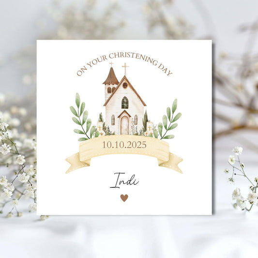 Personalised Christening Card, Baptism Card For Grandson Granddaughter Son Daughter Nephew Niece Godson Goddaughter, Chapel Church Design