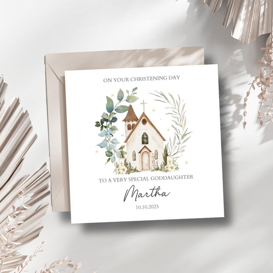 Personalised Christening Card, Baptism Card For Grandson Granddaughter Son Daughter Nephew Niece Godson Goddaughter, Chapel Church Design