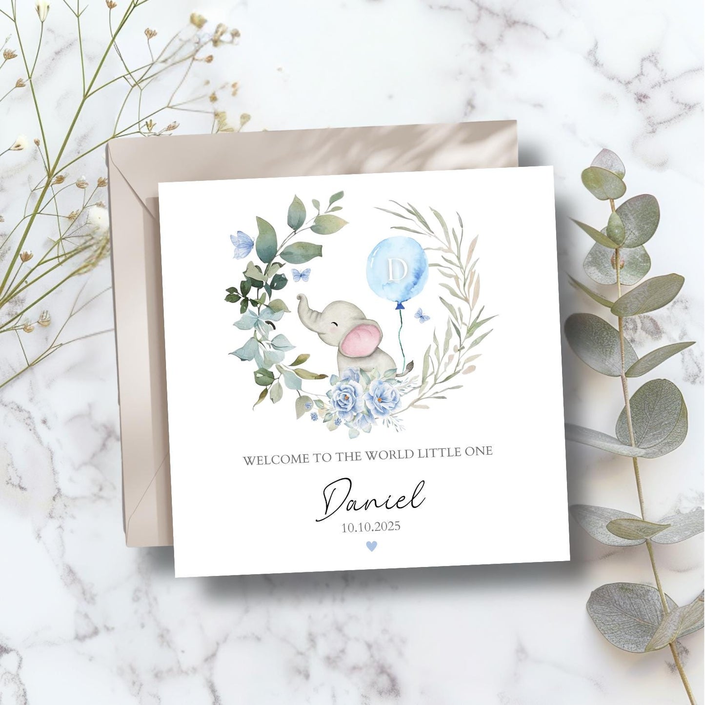 Personalised Elephant New Baby Card, Welcome to the World Card, Pink New Baby Girl Card, Blue New Baby Boy Card, Dear new Granddaughter Card