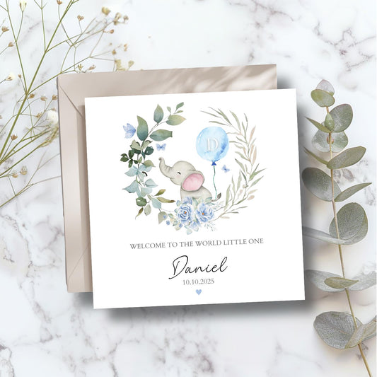 Personalised Elephant New Baby Card, Welcome to the World Card, Pink New Baby Girl Card, Blue New Baby Boy Card, Dear new Granddaughter Card
