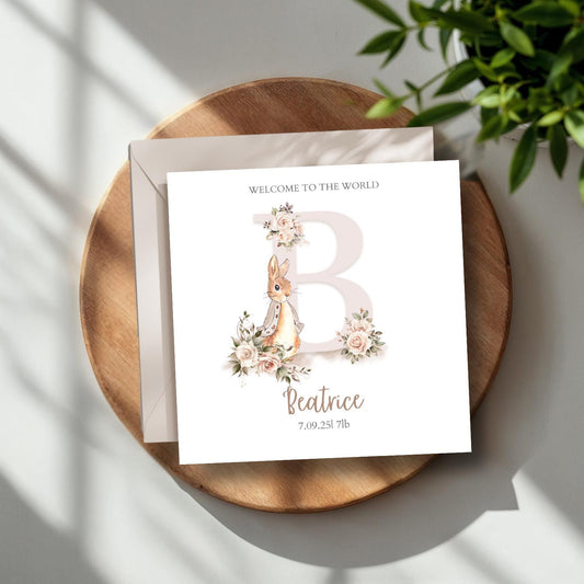 Personalised Flopsy Bunny Rabbit New Baby Card, Personalised New Baby Girl Greeting Card ,Baby's Name Initial Card, Bunny Rabbit Card