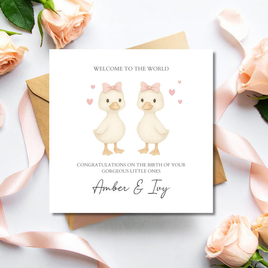 Personalised New Baby Twin Card, Personalised Baby Girl Twin Card ,Geese New Baby Twin Card, Twin Girls, Twin Boys, Welcome to the World