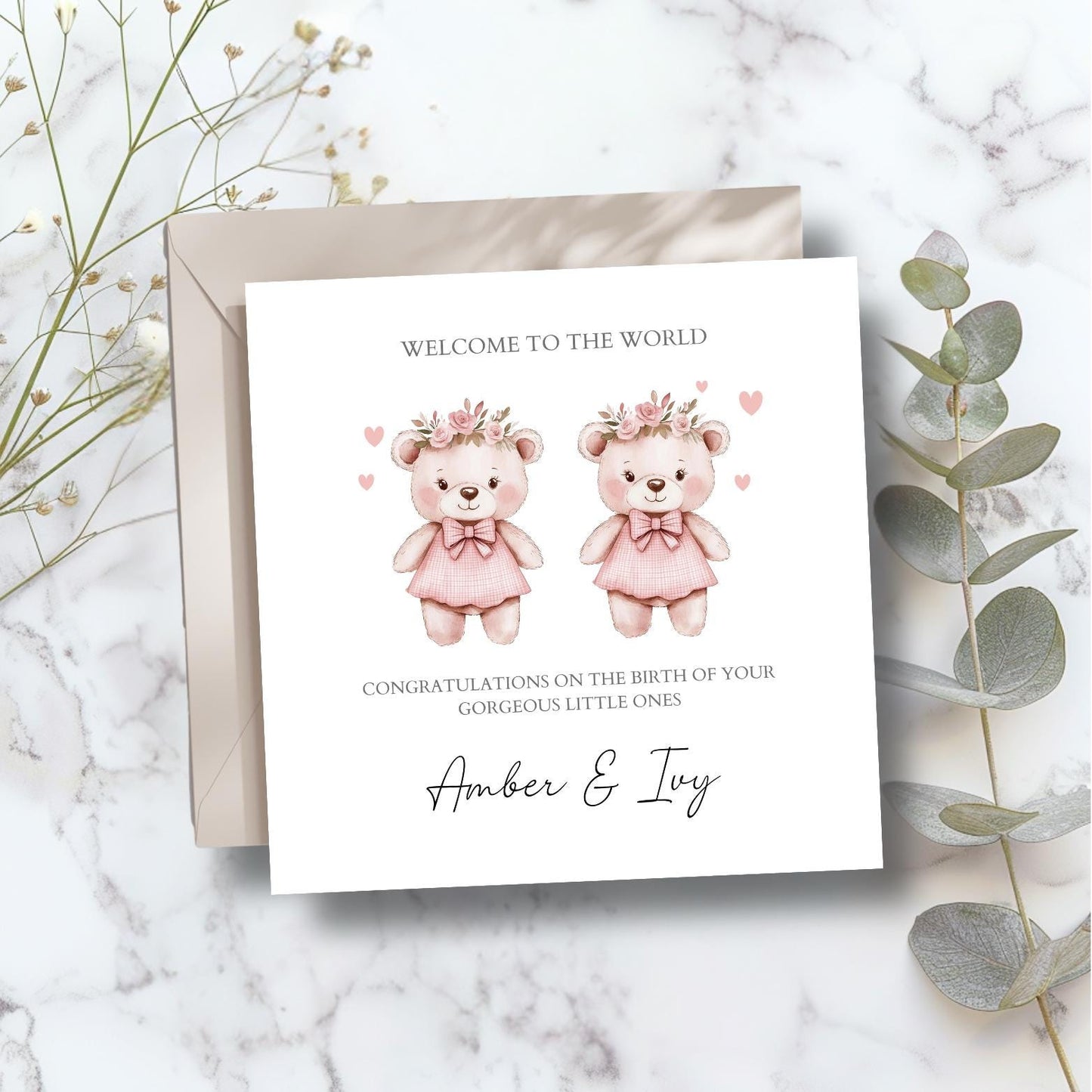 Personalised New Baby Twin Card, Personalised Baby Girl Twin Card, BearsNew Baby Twin Card, Twin Girls, Twin Girls, Welcome to the World