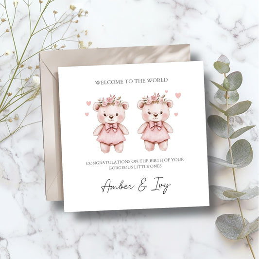 Personalised New Baby Twin Card, Personalised Baby Girl Twin Card, BearsNew Baby Twin Card, Twin Girls, Twin Girls, Welcome to the World