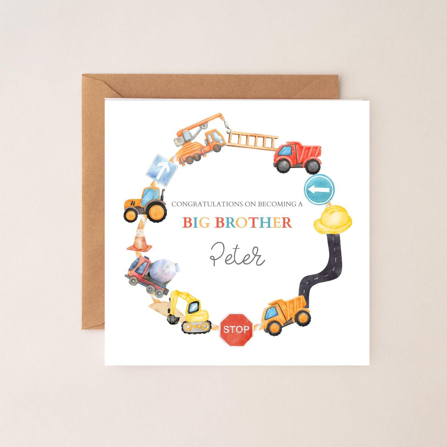 Personalised Big Brother Card - Construction Big Brother Card For Son- Promoted to Big Brother- Construction Vehicles- Any Relation