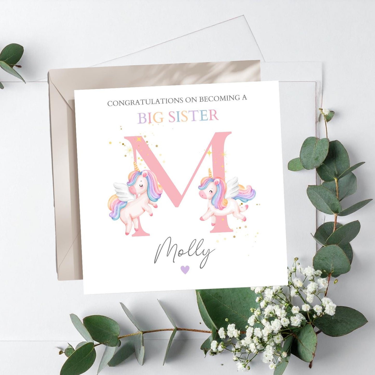 Personalised Big Sister Card, Personalised Big Sister Unicorn Girl Card l Promoted to Big Sister Card |Child Initial Card, Unicorn Card