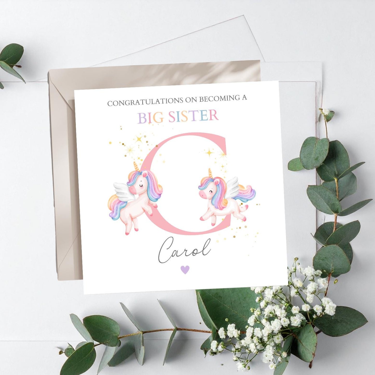 Personalised Big Sister Card, Personalised Big Sister Unicorn Girl Card l Promoted to Big Sister Card |Child Initial Card, Unicorn Card