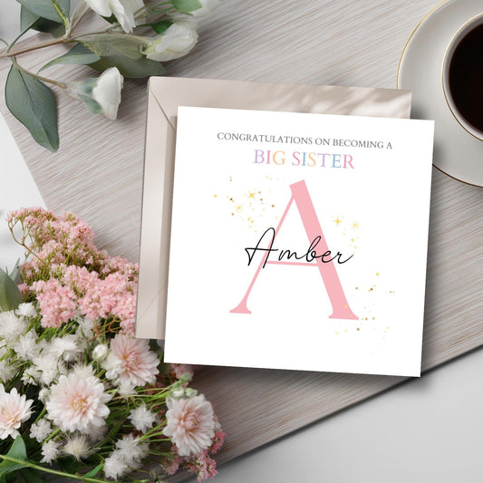 Personalised Big Sister Card, Personalised Big Sister Pink Girl Card l Promoted to Big Sister Card |Child Initial Card| Sister Announcement