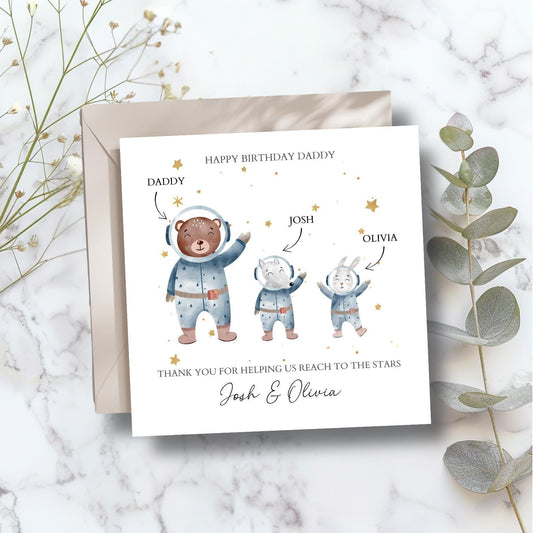 Personalised Daddy Birthday Space Card - Astronaut moon and Stars Card-Best Dad Card- Birthday Card for Dad, Grandad, Uncle ,Any Relation