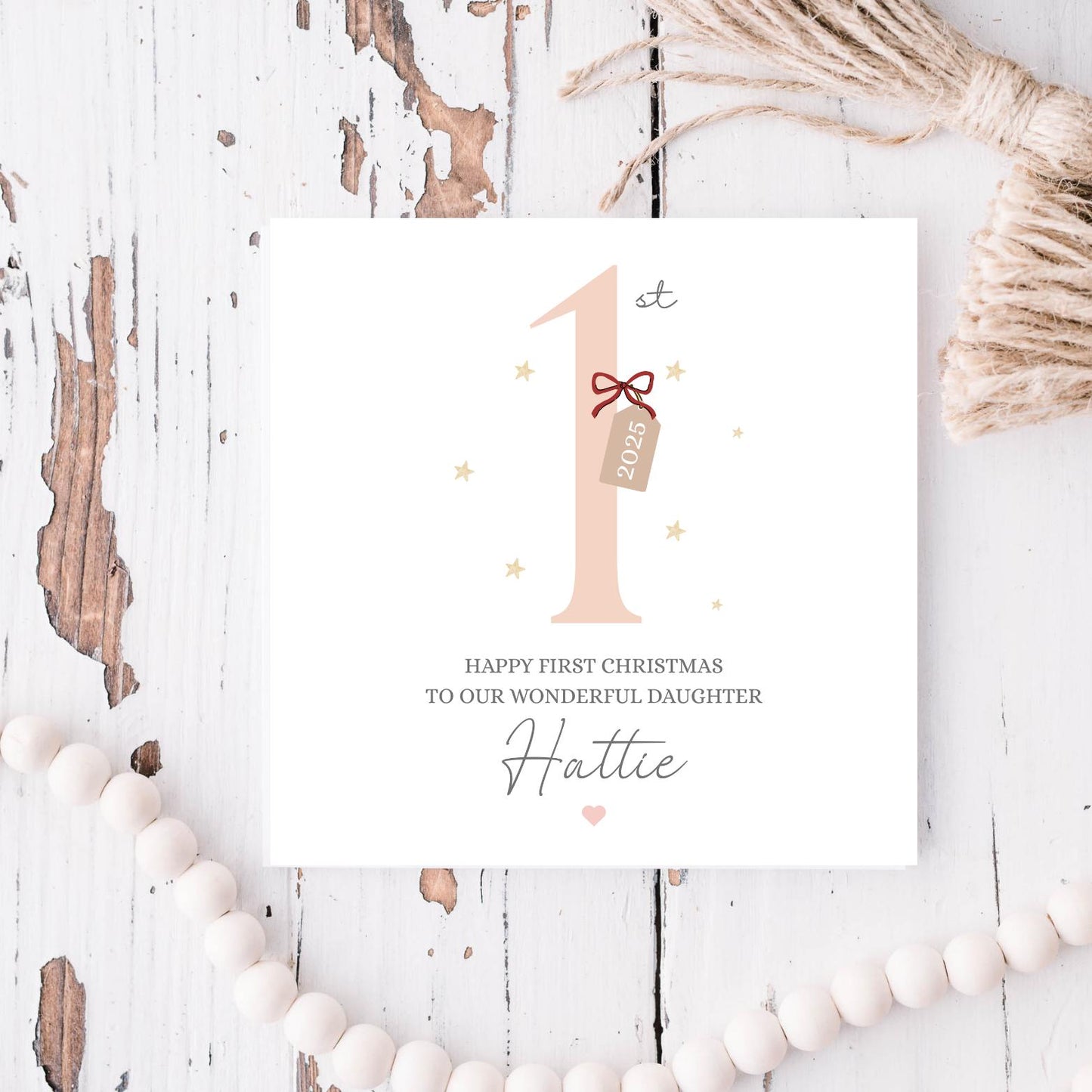 Personalised Beige First Christmas Card For Girl | Colour Choice 1st Christmas Card| Christmas Card for Daughter, granddaughter, Niece, Girl
