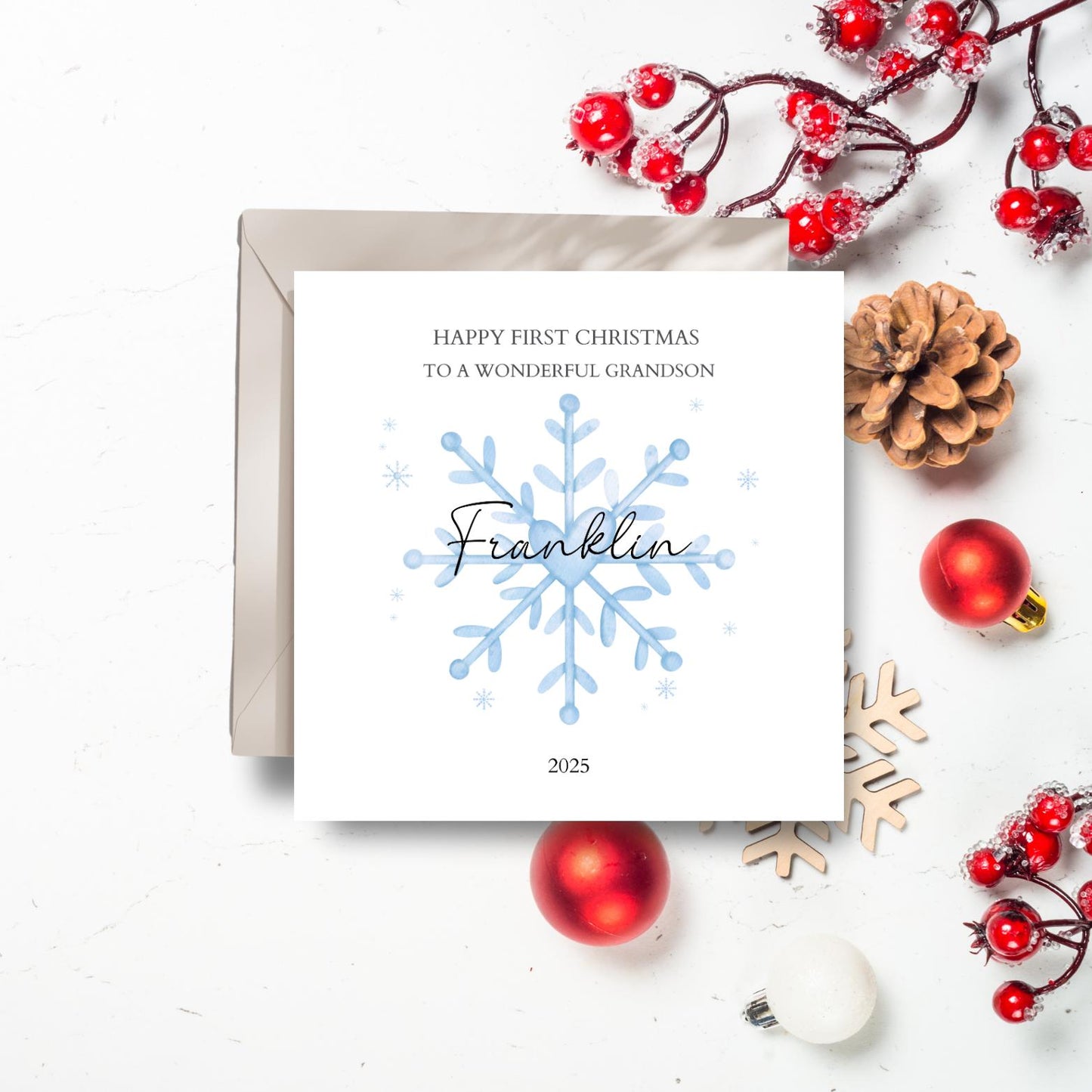 Personalised First Christmas Card For Girl or Boy | Snowflake Christmas Card for Grandson, Daughter, Son,First Xmas Card for Him for Her