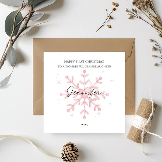 Personalised First Christmas Card For Girl or Boy | Snowflake Christmas Card for Grandson, Daughter, Son,First Xmas Card for Him for Her
