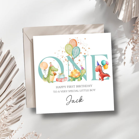 Personalised First Birthday Card Dinosaurs Animals | Blue Birthday Dino Card | One Birthday Card for Boy |Birthday Card for, Son, Grandson