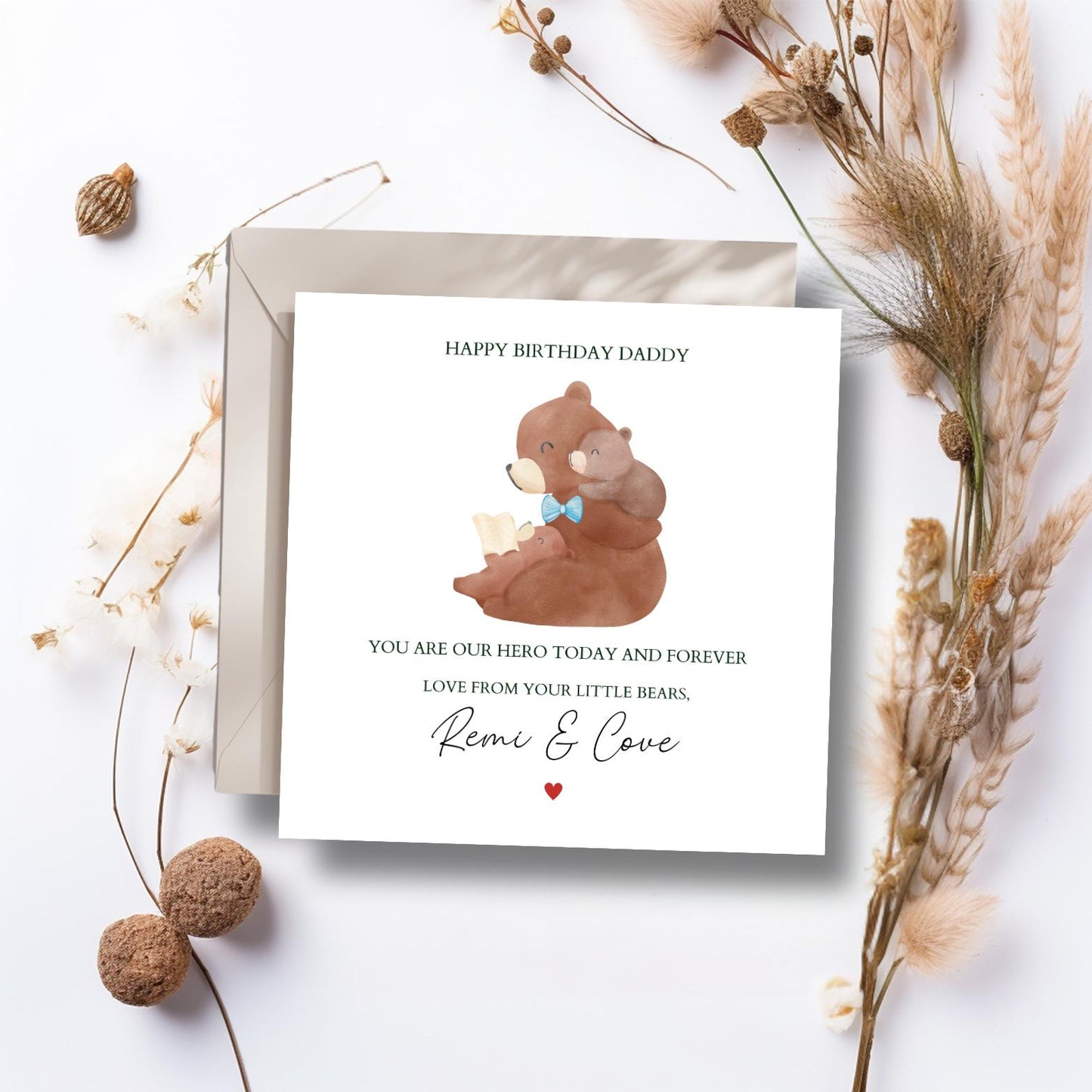 Personalised Daddy Birthday Bear Card -Bear Dad Card -Best Dad Card- Birthday Card for him Dad, Granddad, Uncle, Any Relation. Two Children