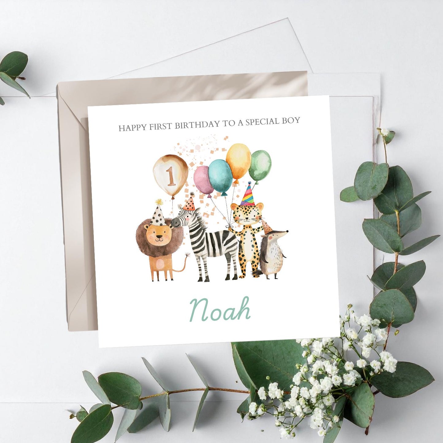 Personalised First Birthday Card Safari Animals | 1st birthday Animals card | First Birthday Card for Boy |1st Birthday Card for Son