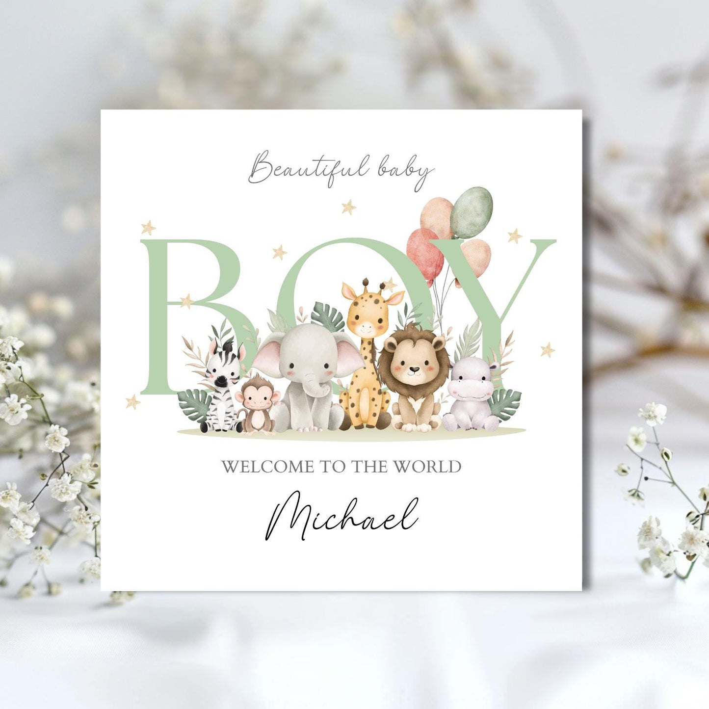 Personalised New Baby Boy Card, Safari Jungle Animals Baby Card, Welcome to the World Baby Card, Baby Card for Him, Animals Baby Card