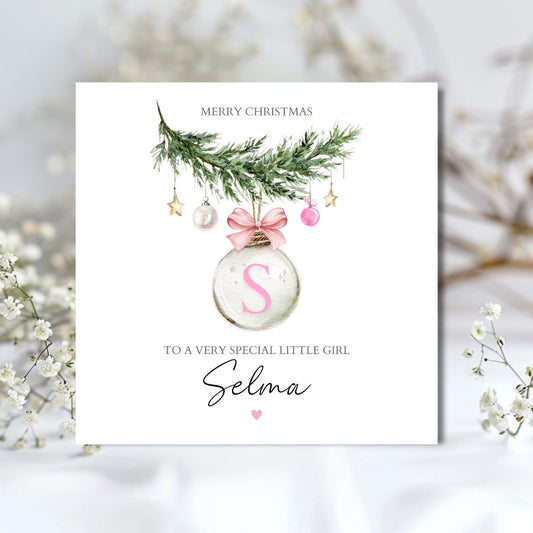 Personalised Christmas Card For Girl , 1st Christmas Card, Name Initial Card, Bauble Initial Card for Daughter, Granddaughter Any Relation