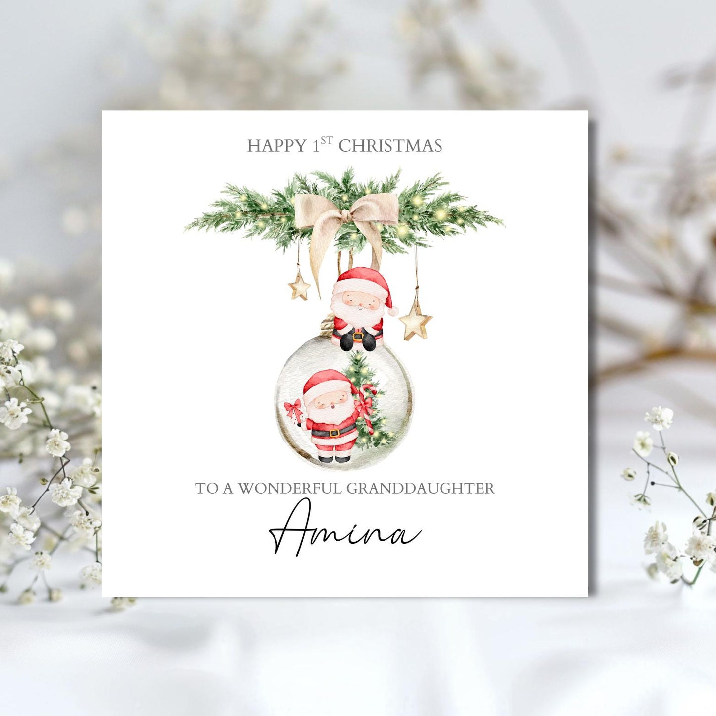 Personalised Santa Christmas Card , 1st Christmas Card, Santa Bauble Initial Card for Daughter, Granddaughter, Son, Grandson, Any Relation