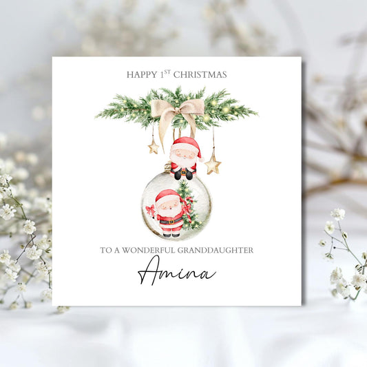 Personalised Santa Christmas Card , 1st Christmas Card, Santa Bauble Initial Card for Daughter, Granddaughter, Son, Grandson, Any Relation