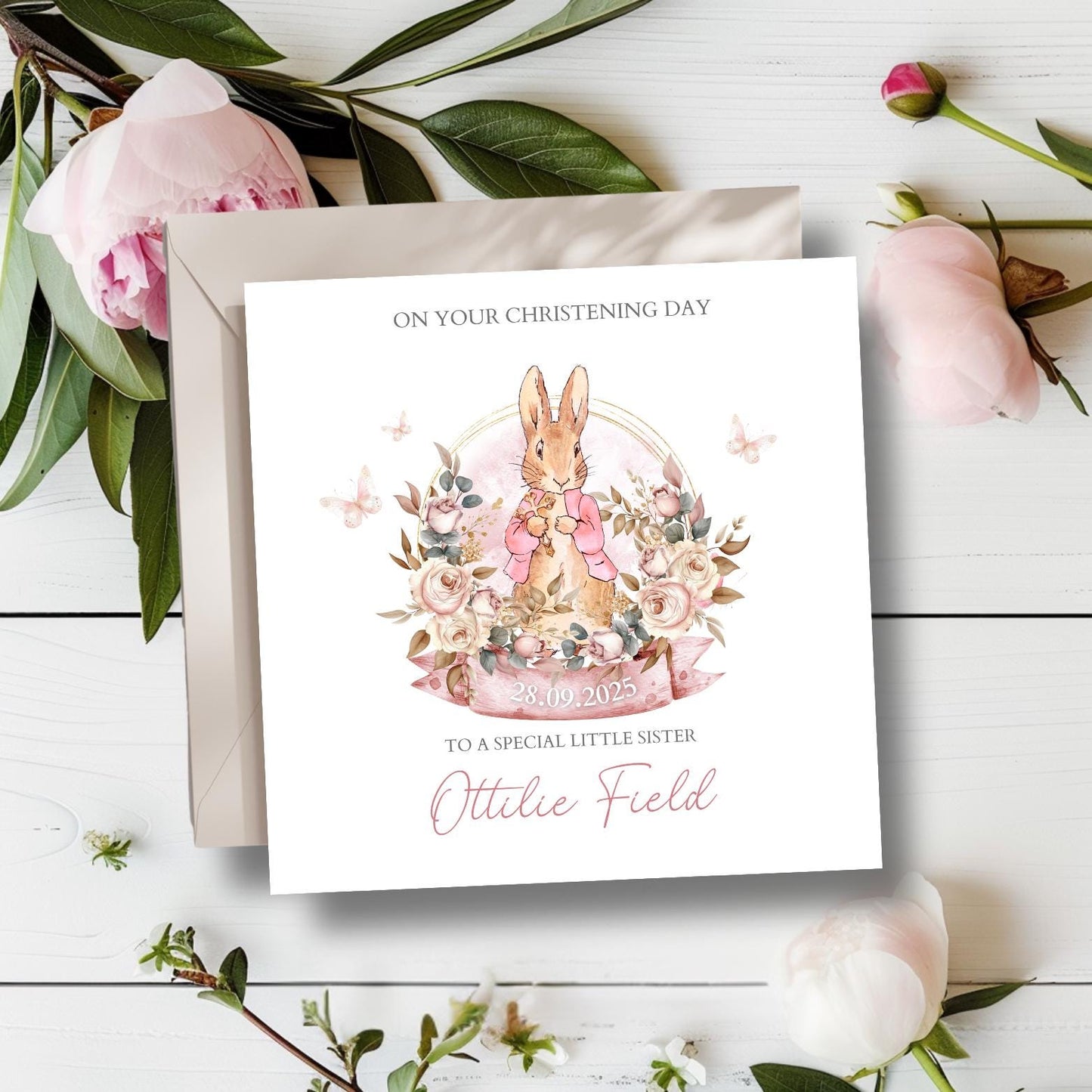 Personalised Rabbit Flopsy Bunny Girl Christening Card, Baptism Card, Personalised Baby Girl Greeting Card, Bunny Rabbit Card