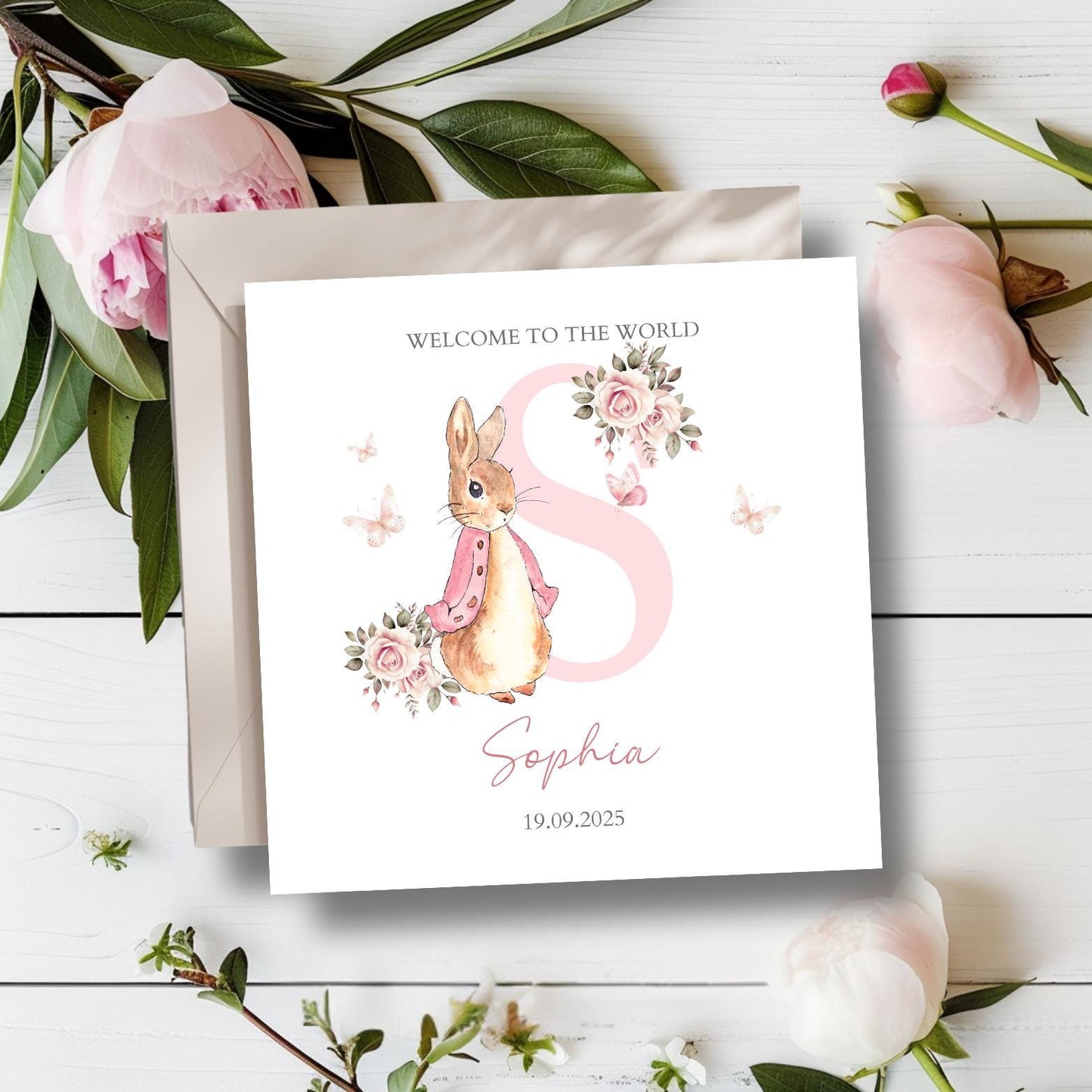 Personalised Flopsy Bunny Rabbit New Baby Card, Personalised New Baby Girl Greeting Card ,Baby's Name Initial Card, Bunny Rabbit Card