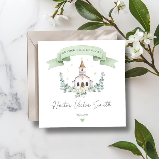 Personalised Christening Card, Baptism Card For Grandson Granddaughter Son Daughter Nephew Niece Godson Goddaughter, Chapel Church Design