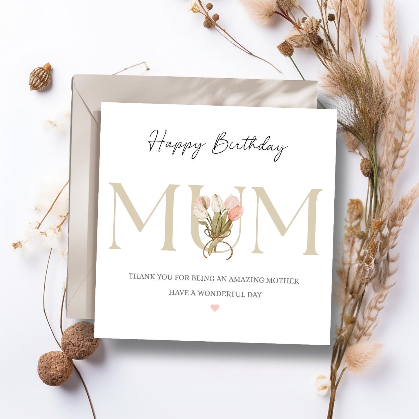 Personalised Mom Birthday Card -Neutral Mum Card -Elegant Birthday Card for her Mother- Flower Bouquet Design