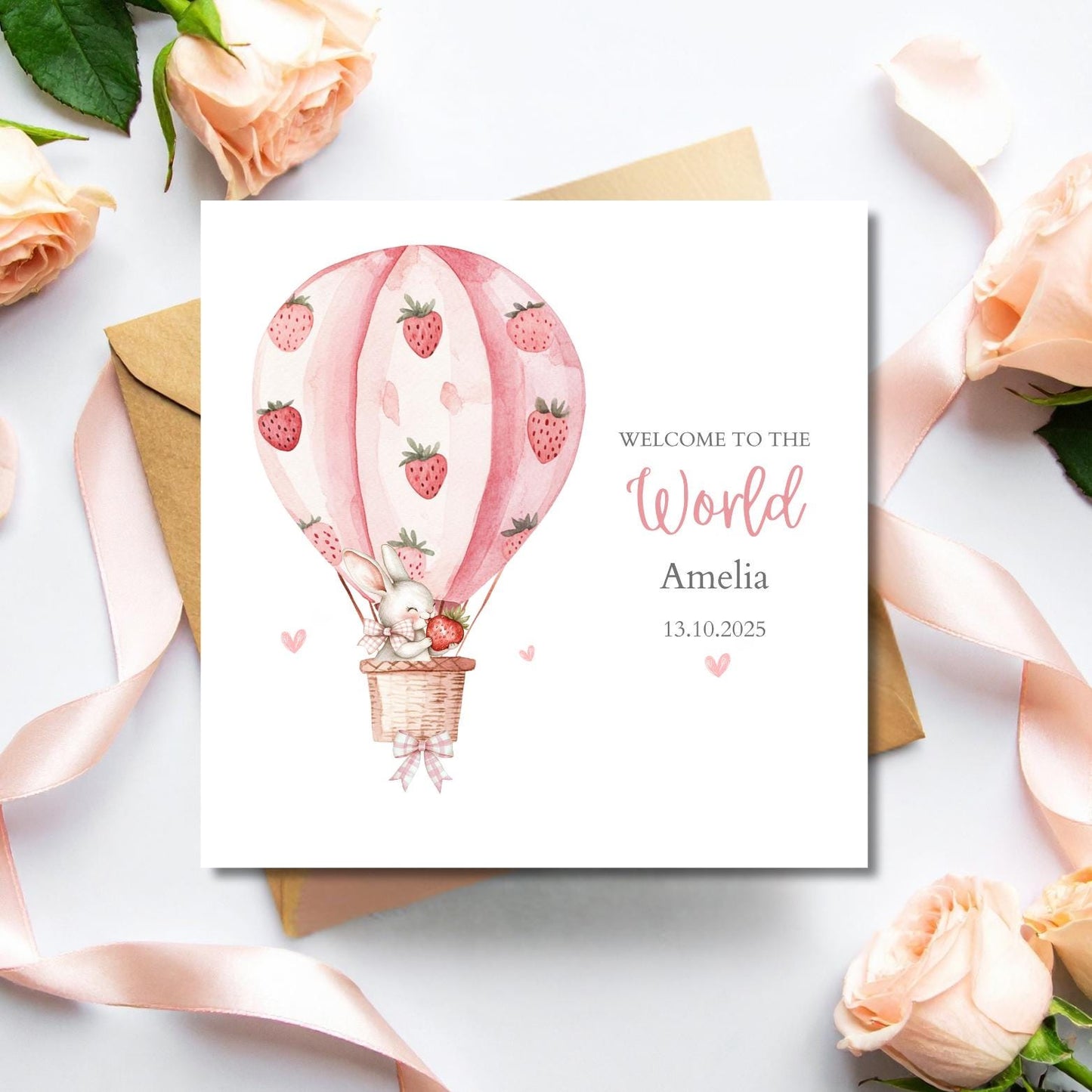 Personalised Strawberry Bunny New Baby Card| Welcome to the World Berry Bunny | Pink Bunny Card for Girl, Daughter, Granddaughter, Niece