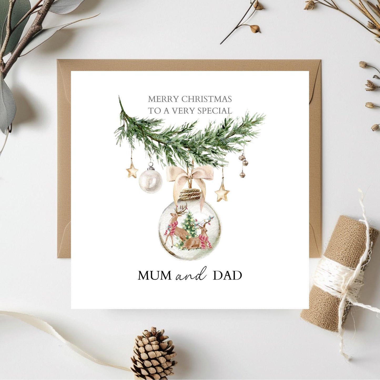 Personalised Mum And Dad Christmas Card, Parents Bauble Christmas Card, Merry Christmas Mum and Dad, Xmas Card Nanna, Grandad, Any Relation