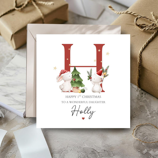 Personalised First Christmas Card|1st Bunny Christmas Card for Girl and Boy|2025 Christmas Card | Christmas Card for Daughter, Son, Niece