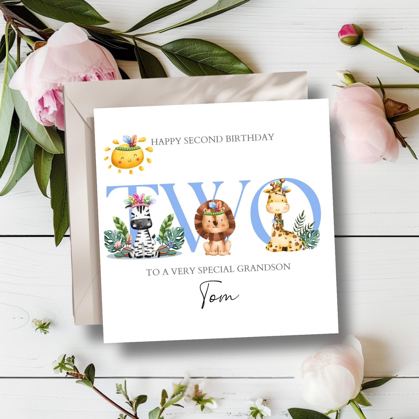 Personalised First Birthday Card Safari Animals | Blue birthday Animals card | One Birthday Card for Boy |Birthday Card for Son, Grandson
