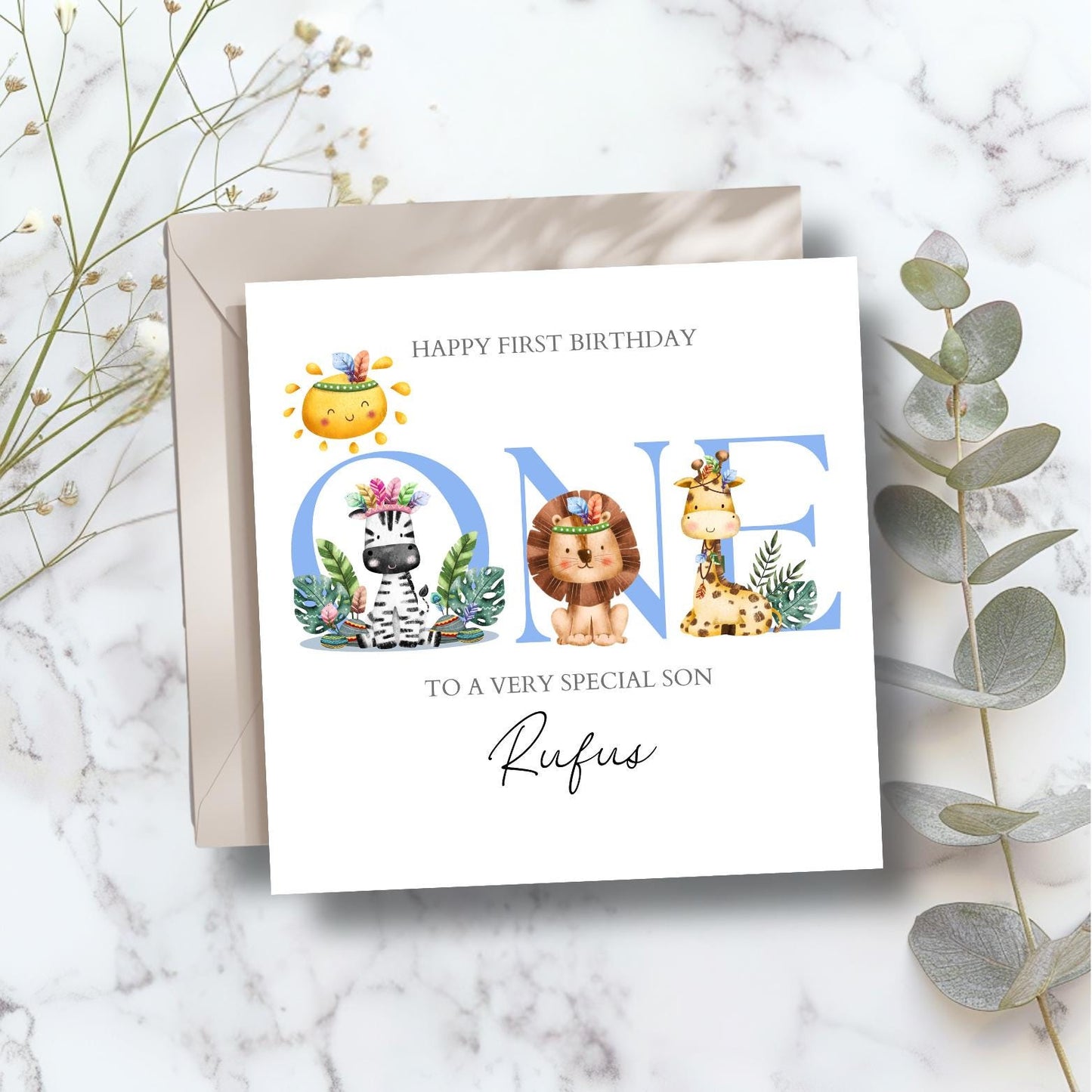 Personalised Second Birthday Card Safari Animals | Blue birthday Animals card |Two Birthday Card for Boy |2nd Birthday Card for Son,Grandson