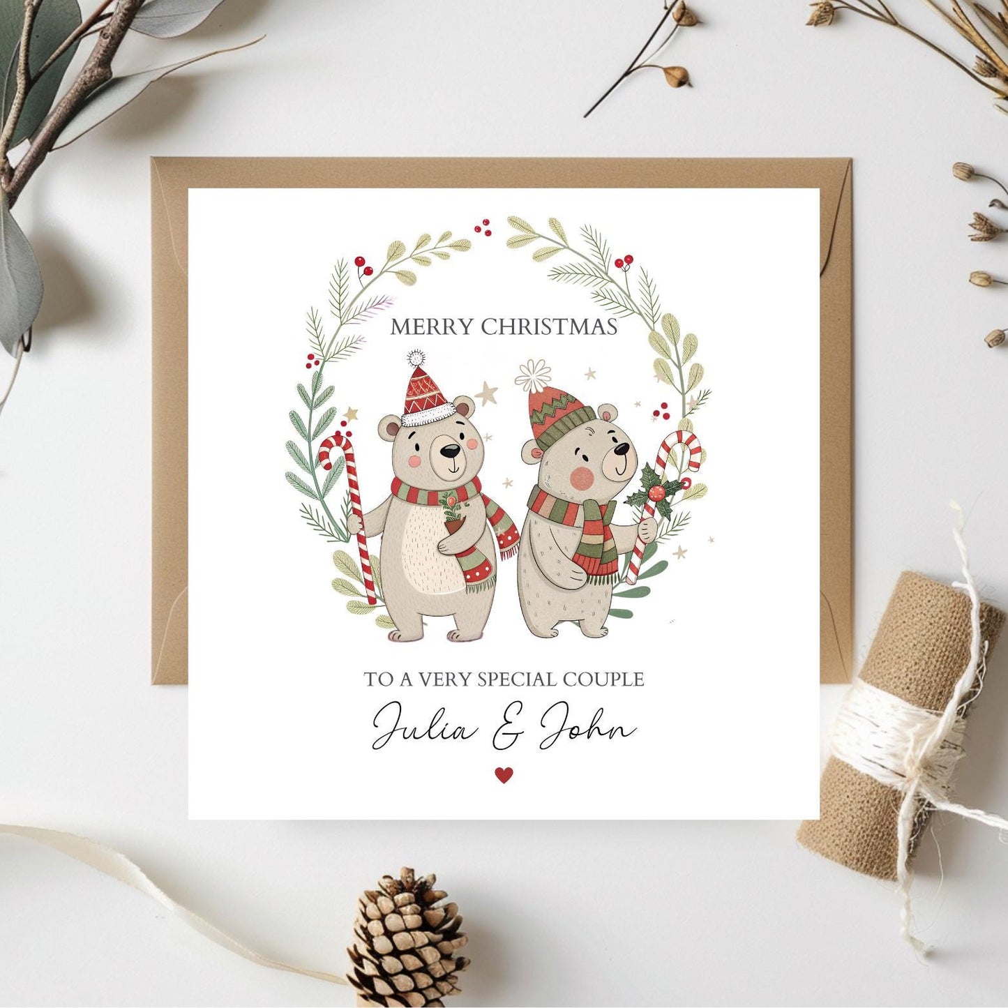 Personalised Auntie & Uncle Christmas Card - Bears Wreath Christmas Card- Xmas Aunty and Uncle Card| Christmas Card for Any Relation