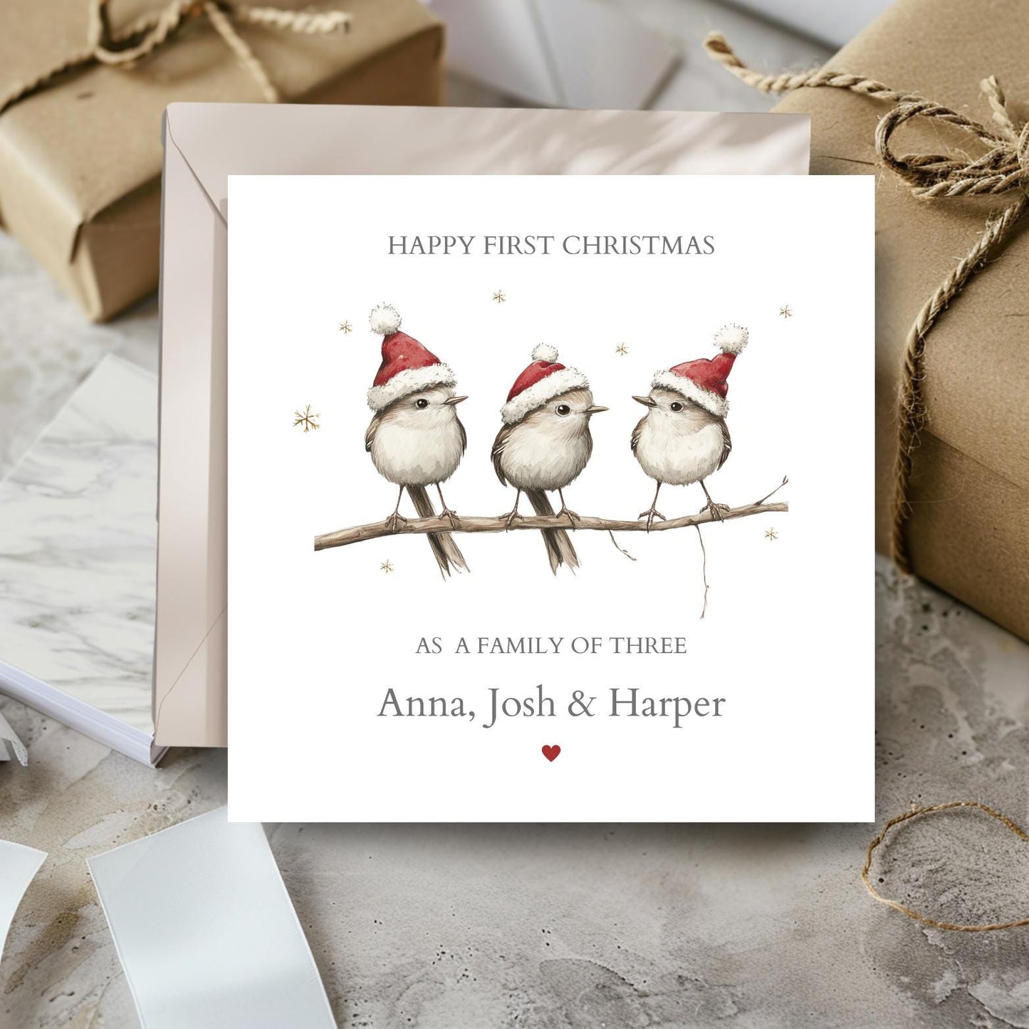 Personalised First Christmas as a Family Card, Bird Family of Four Card, 1st Xmas as a Family of 3 or 4| Christmas Card for New Family