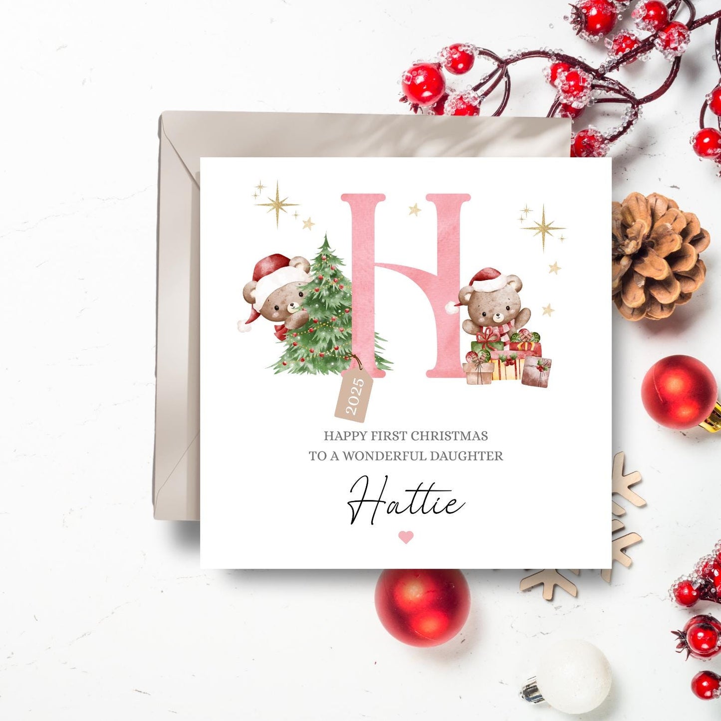 Personalised First Christmas Card|1st Bear Christmas Card for Girl | 2025 Christmas Card| Christmas Card for Daughter, Goddaughter, Niece