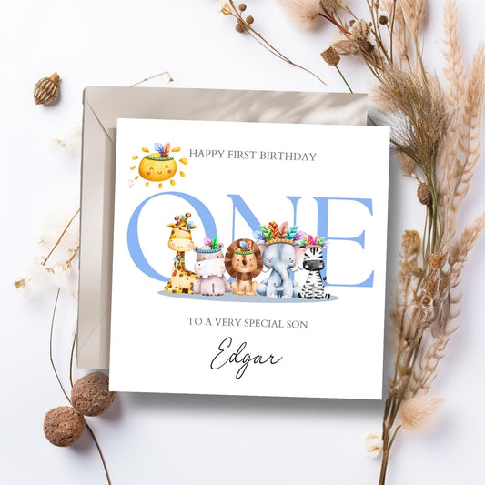 Personalised First Birthday Card Safari Animals | Blue birthday Animals card | One Birthday Card for Boy |Birthday Card for Son, Grandson