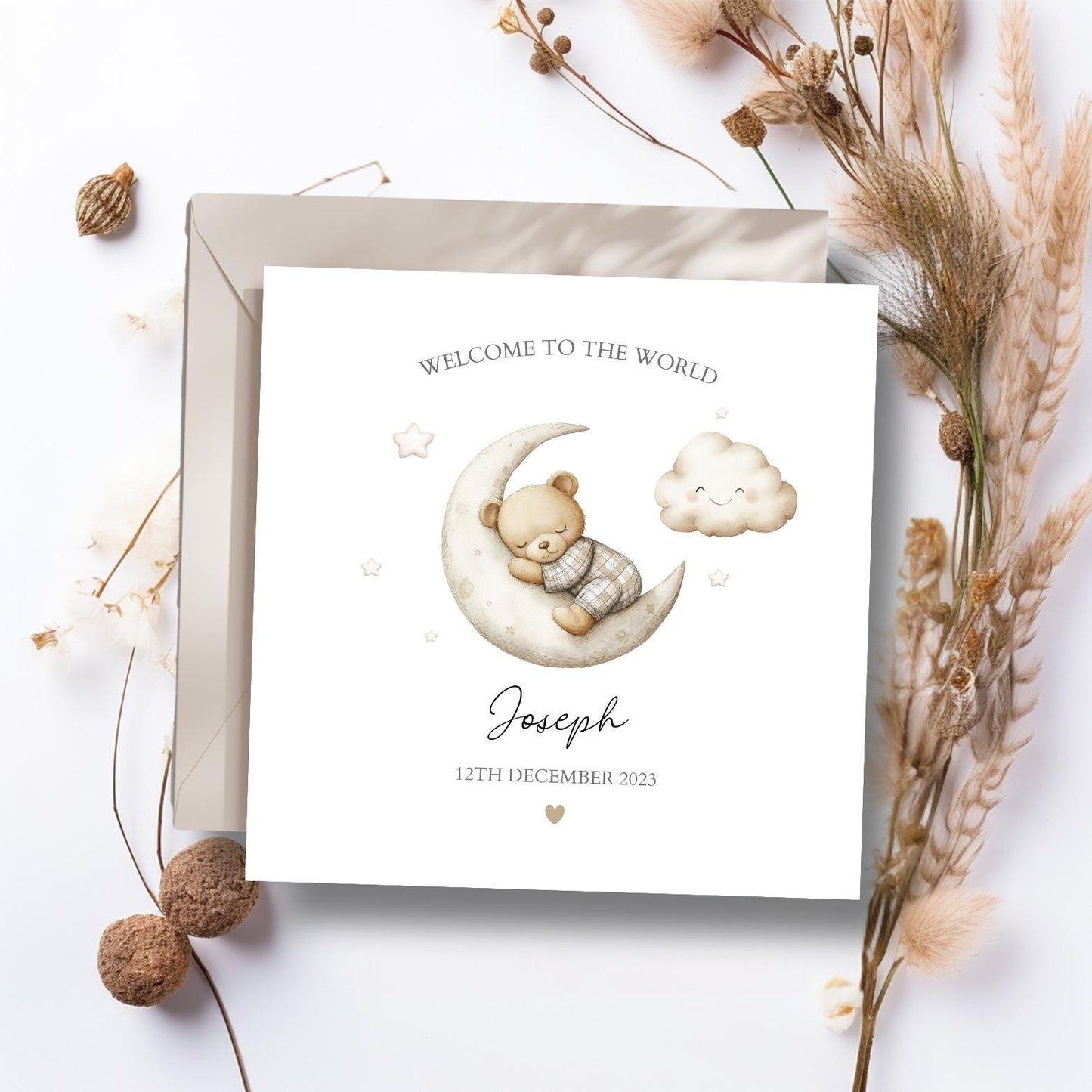 Personalised New Baby Card - Neutral Bear Welcome to the World Card -Bear On The Moon Personalised New Baby Card for Grandson, Niece, Nephew
