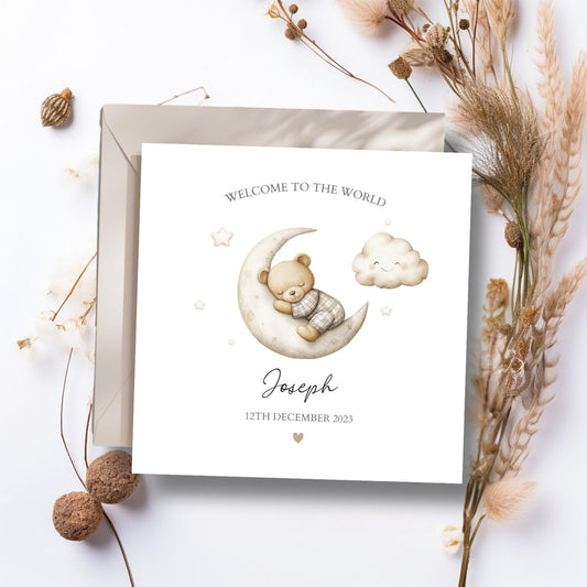 Personalised New Baby Card - Neutral Bear Welcome to the World Card -Bear On The Moon Personalised New Baby Card for Grandson, Niece, Nephew