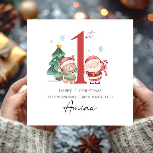 Personalised First Christmas Card|1st Santa Bear Christmas Card for Girl and Boy|2025 Christmas Card|Christmas Card for Daughter, Son, Niece