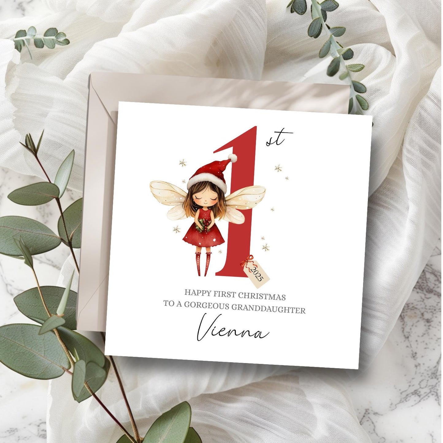 Personalised First Christmas Card |Fairy 1st Christmas Card for Girl| Christmas Fairy Card Granddaughter| Christmas Card for Daughter, Niece