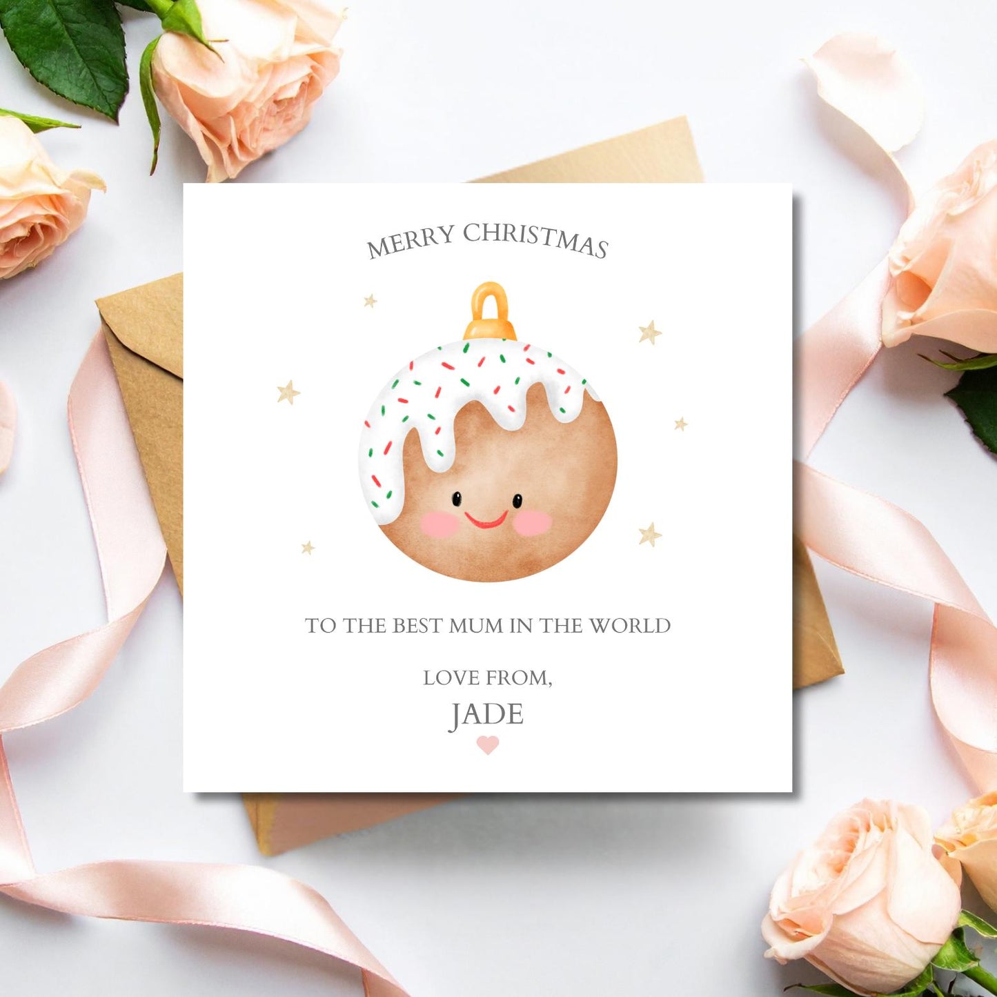 Personalised Mummy Christmas Card - Pudding Bauble Mum Card - Xmas Mum Card- Christmas Card for Mother, Auntie, Grandma, Nanny, Any Relation