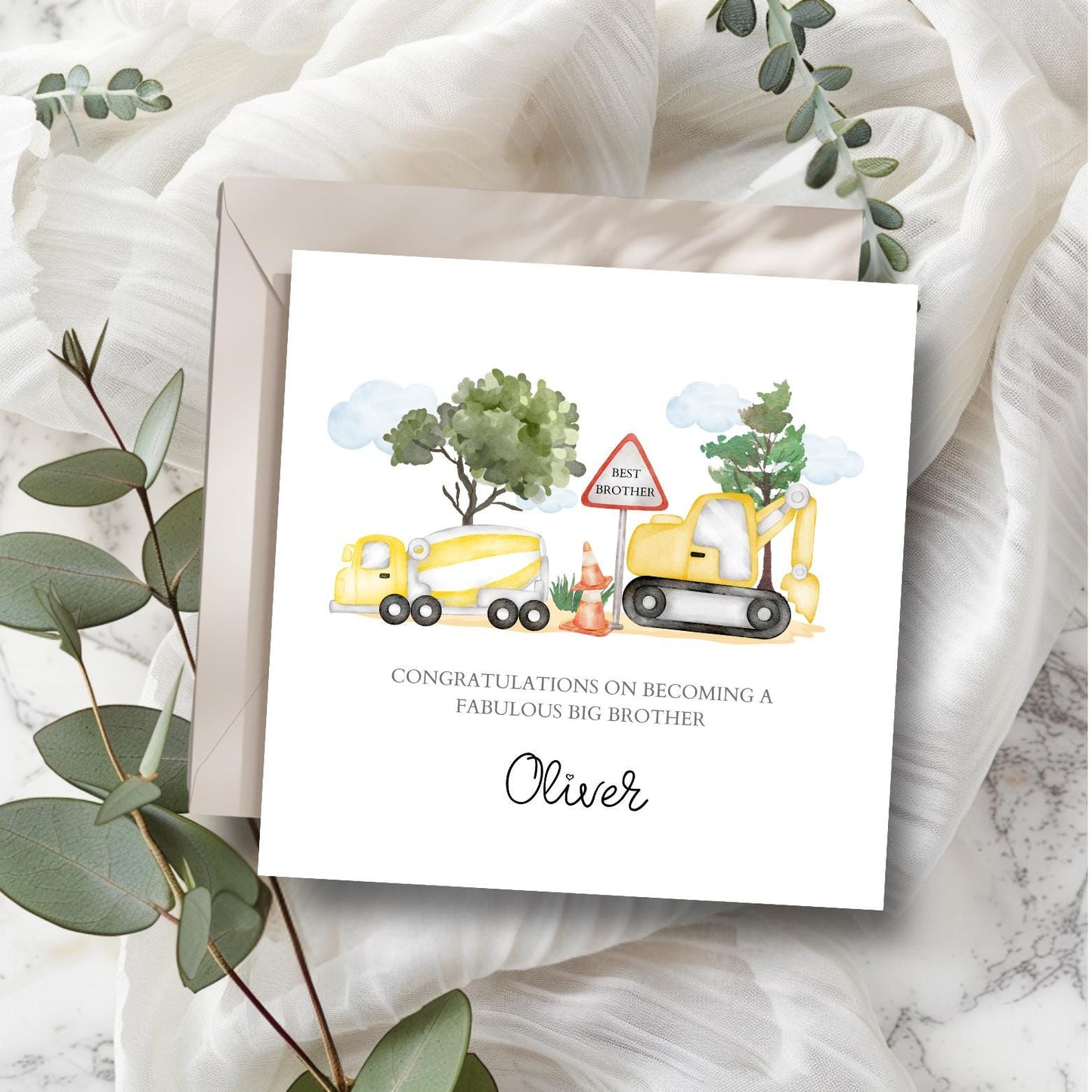 Personalised Big Brother Card - Construction Big Brother Card For Son-Promoted to Big Brother- Construction Vehicles-Digger Big Brother Card
