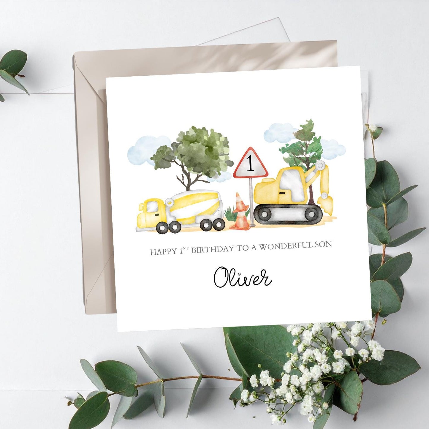 Personalised First Birthday Digger Card-Construction Birthday Card -Personalised 2nd Birthday Construction Digger Birthday Card-Tractor Card