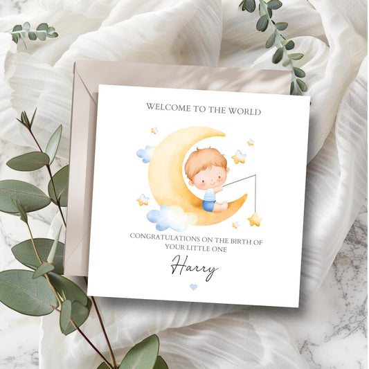 Personalised New Baby Card, Welcome to the World Card, New Baby Boy Card, New Baby Boy or Girl Card, Moon and Stars Baby Card for Nephew