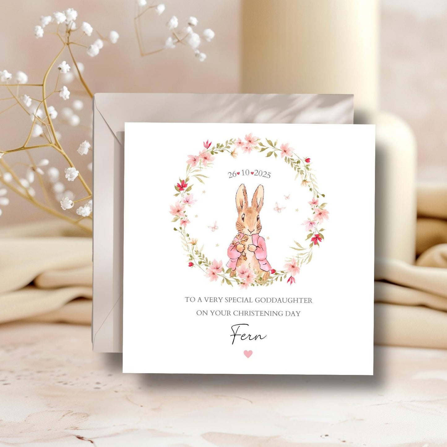 Personalised Flopsy Bunny Christening Card, Baptism Flopsy Bunny Card, Christening card for Daughter,Granddaughter, Goddaughter,Any Relation