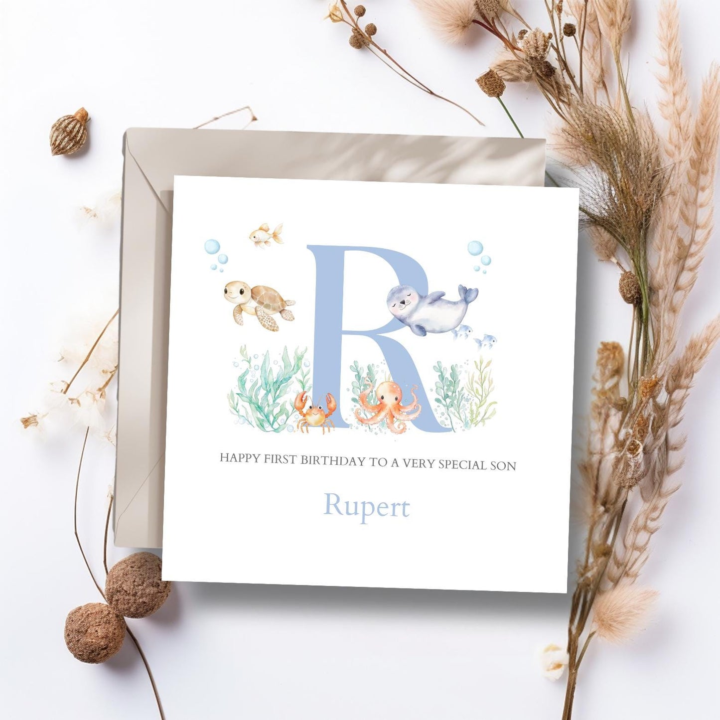 Personalised First Birthday Card Under the Sea Animals| Child birthday Ocean card| 1st, 2nd, 3rd Birthday Card for Boy, Son, Grandson