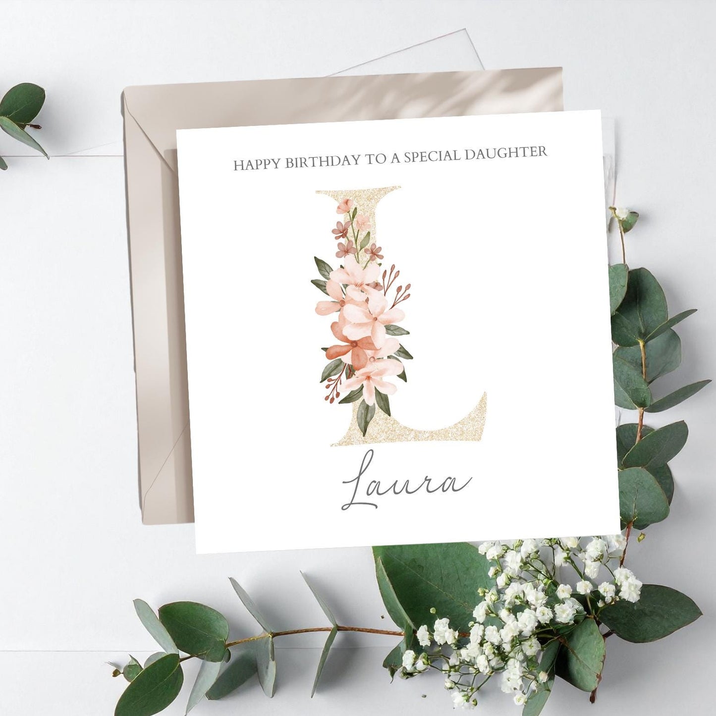 Personalised Wife Initial Birthday Card | Birthday Card For Her |Gold and Floral Birthday Card for Daughter, Friend, Girlfriend,Any Relation