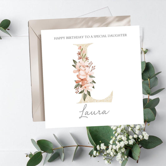 Personalised Wife Initial Birthday Card | Birthday Card For Her |Gold and Floral Birthday Card for Daughter, Friend, Girlfriend,Any Relation